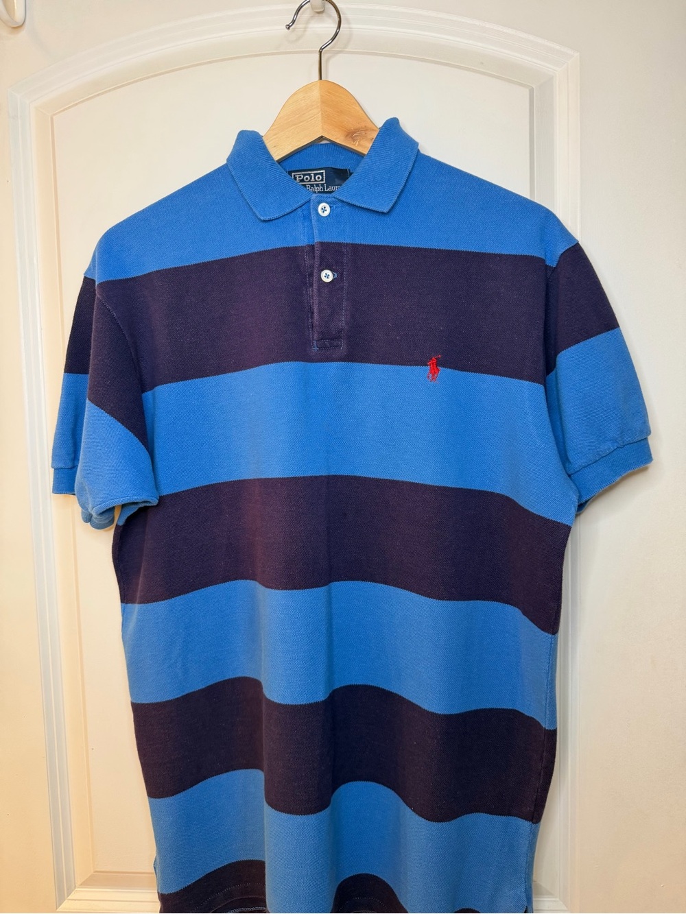 Vintage Polo by Ralph Lauren Blue & Navy Stripe Cotton Polo Shirt, size M